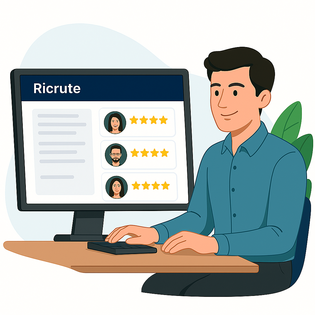 Illustration d’un recruteur souriant travaillant sur un ordinateur affichant l’interface de Ricrute, avec des profils candidats notés par étoiles, dans un environnement moderne et professionnel.